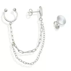 Brinco Feminino de Prata 925 Redondo Diamantado com 1 lado Corrente e Piercing