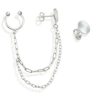 Brinco Feminino de Prata 925  Redondo Diamantado com 1 lado Corrente e Piercing