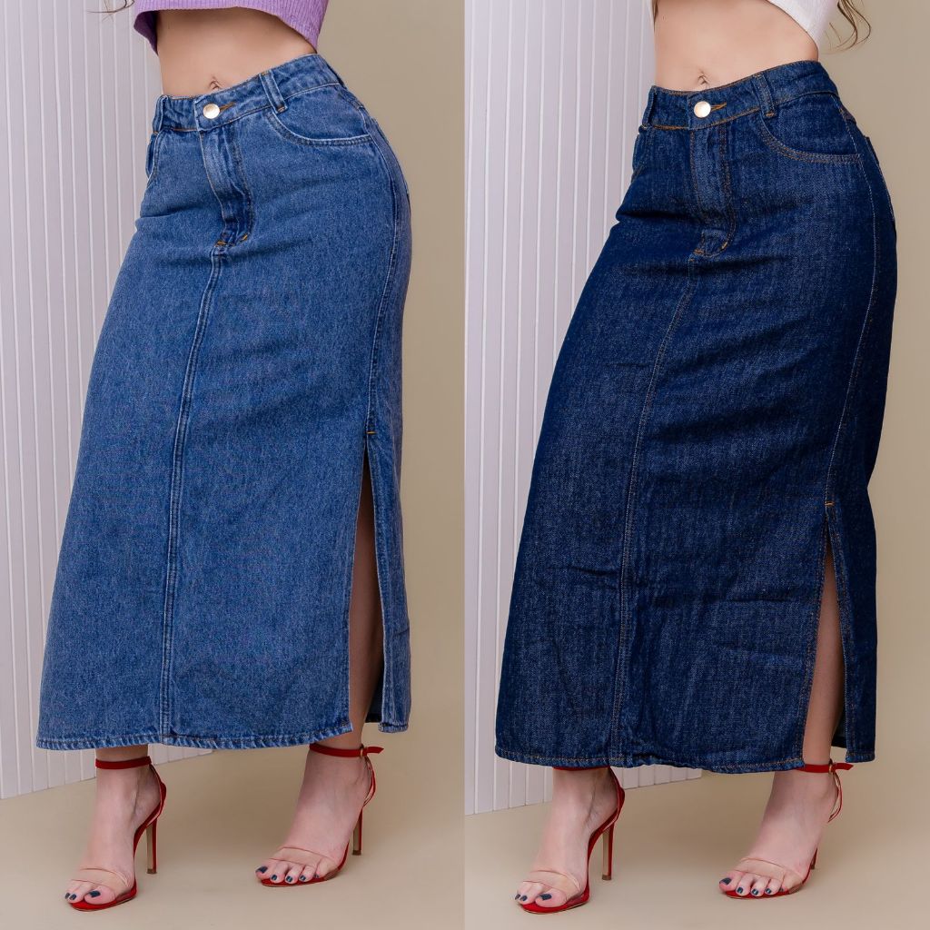 Saia Jeans Feminina Midi Longa Cintura Alta Moda Evangélica Com Abertura Lateral e Fenda em Oferta na Shopee