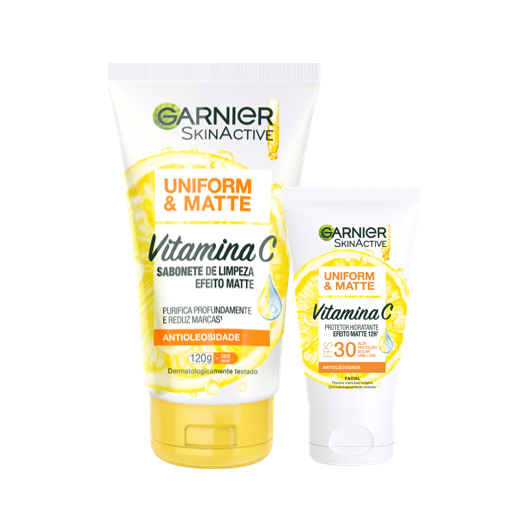 Kit Garnier Tratamento Antimanchas - Limpeza Facial + Protetor Hidratante Facial Uniform&Matte Vitamina C FPS 30 - Beauty