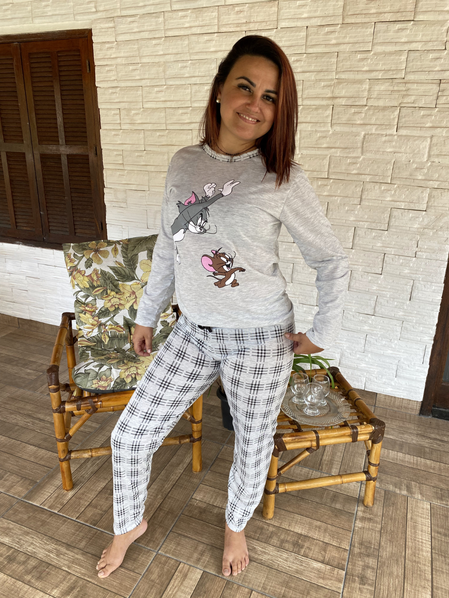 Pijama de Inverno Tom E Jerry Personagem Estampado Malha Pijama Feminino Confortável Calça Xadrez