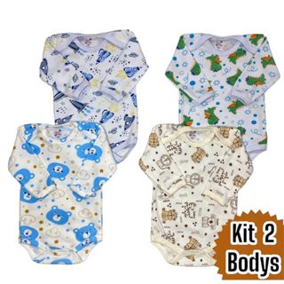 Kit 2 Bodys Bebê Estampado Manga Longa Canelado Meia Estação do RN ao GG em Oferta na Shopee