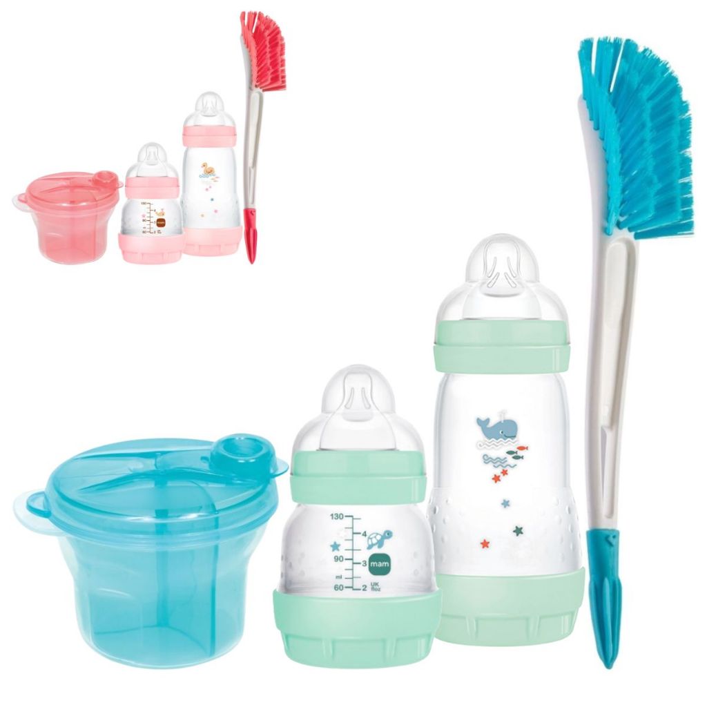 Kit 2 Mamadeiras Mam Easy Start 130ml e 260ml + Pote Dosador Medidor Porta Leite em Pó Buba + Escova para Mamadeira com Limpador de Bico Buba