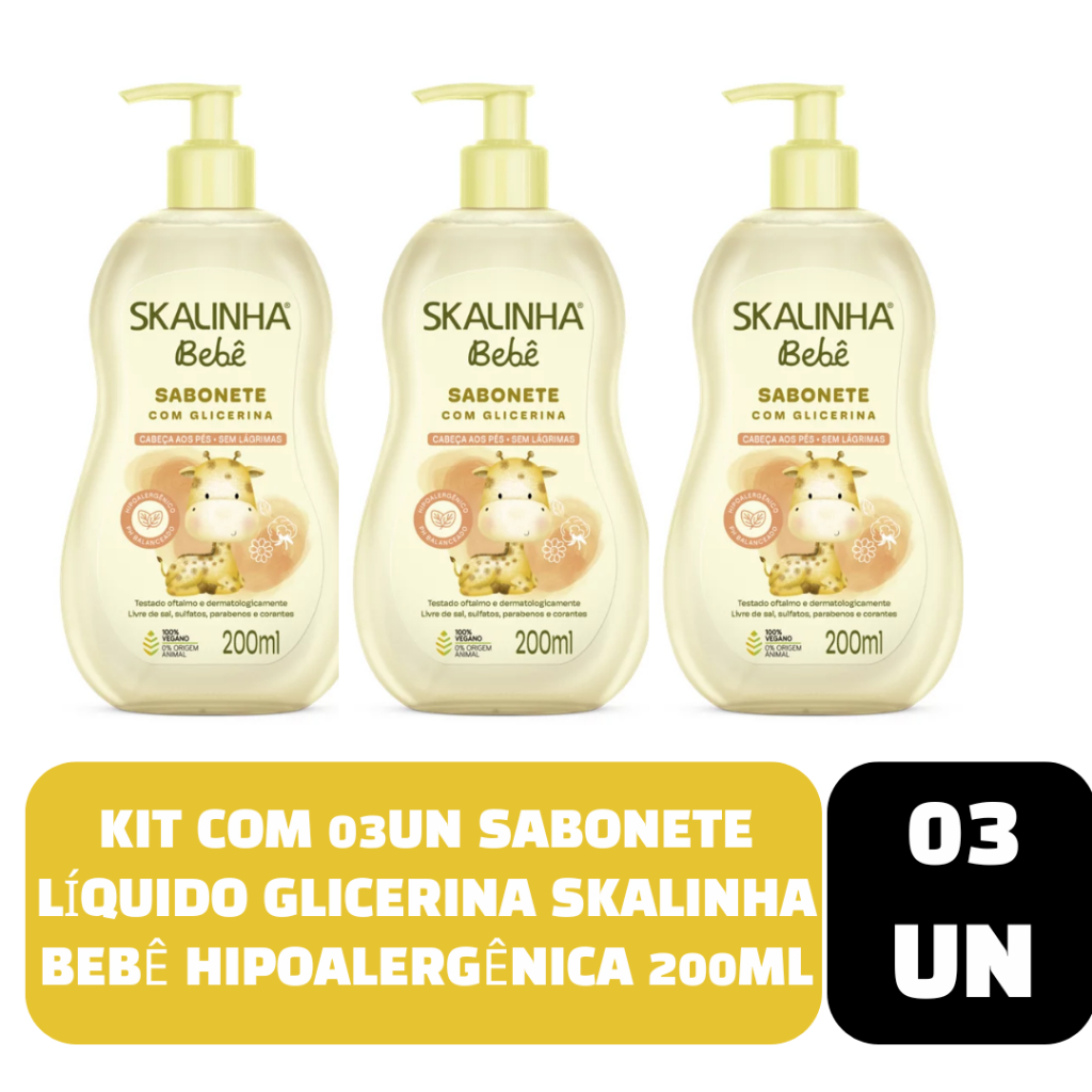 Kit com 03un Sabonete Líquido Glicerina Skalinha Bebê Hipoalergênica 200ml