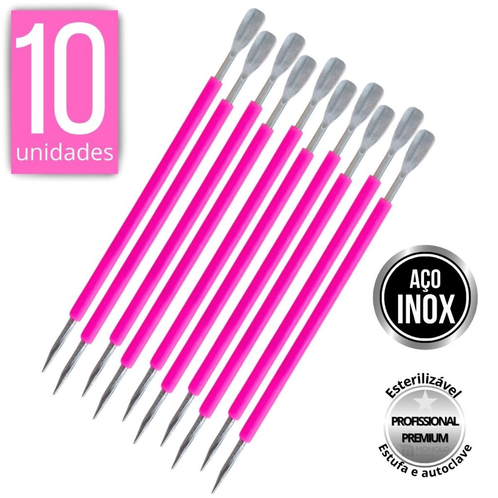 Kit 10 Espátula e Palito Bastão Mista Silicone Cutelaria Empurrador Curvo Unha Aço Inox Monolo