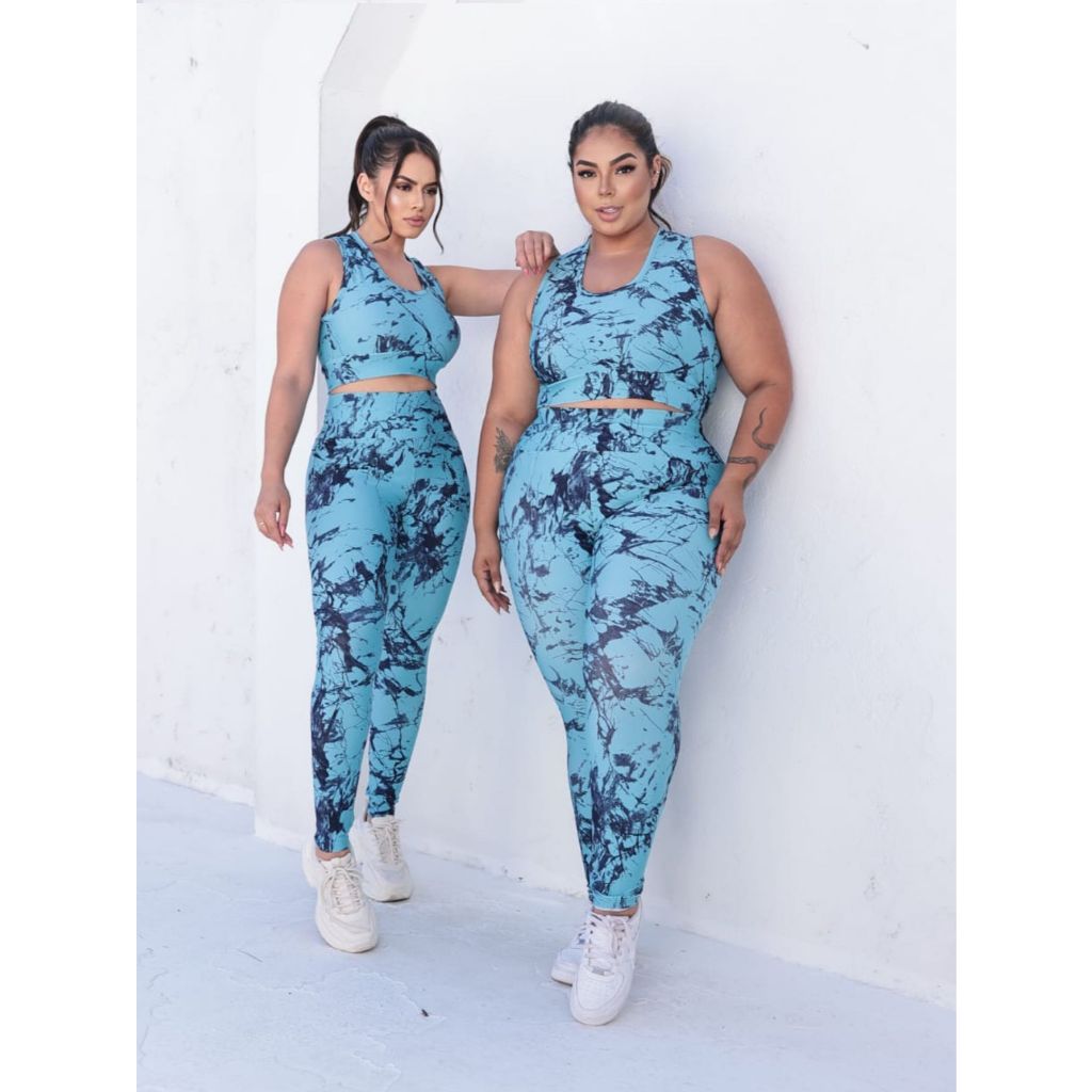 Conjunto Fitness Academia Plus Size Marmorizado Feminino – Top Nadador + Legging Cintura Alta em Oferta na Shopee
