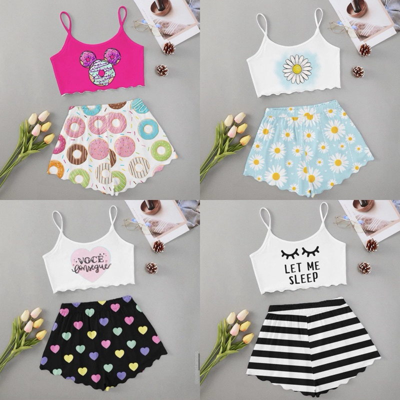Pijama feminino ondinhas adulto em Oferta na Shopee
