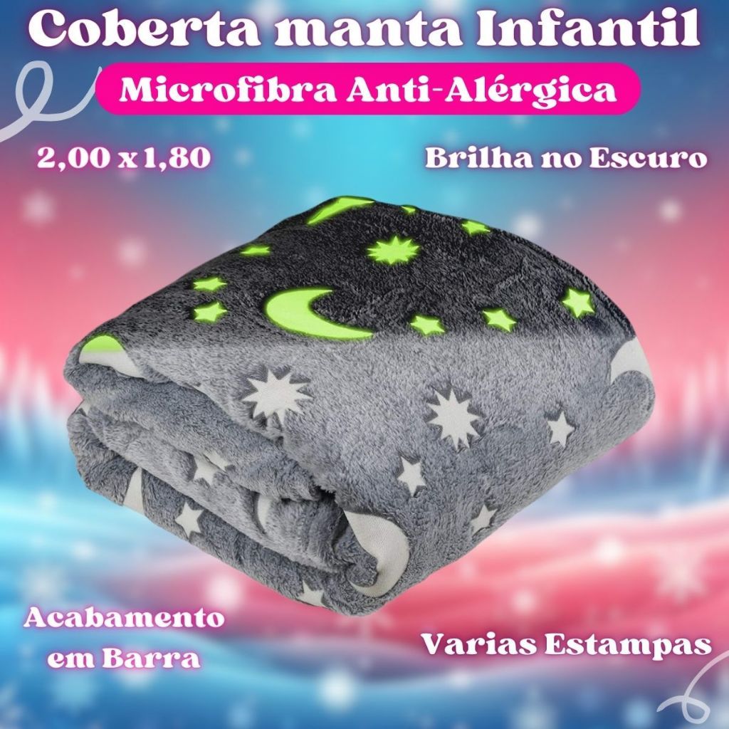 Cobertor Manta Brilhante Infantil Casal 2,00x1,80Mt Brilha no Escuro Antialérgico
