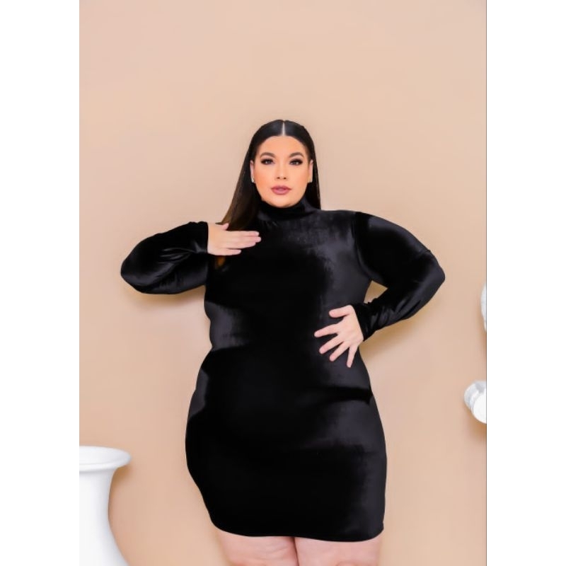 Vestido Manga Longa Plus Size Veludo Vestido Festa Plus Size Gola Alta, Vestido aveludado