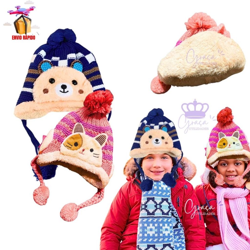 Touca Gorro Lã Inverno Forrada Com Pompom Infantil Azul Rosa Bege Menino Menina Oferta