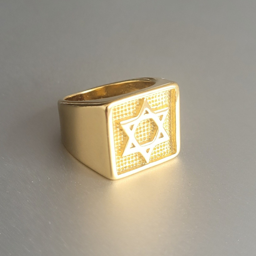 Anel Masculino Dedeira Estrela De Davi Dourado Quadrado de Aço Inoxidável 316L