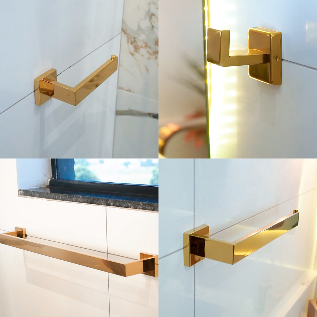 Kit Jogo De Conjunto Acessorios Para Banheiro Quadrado 4 Peças Aço Inox 304 Luxo Dourado Gold em Oferta na Shopee