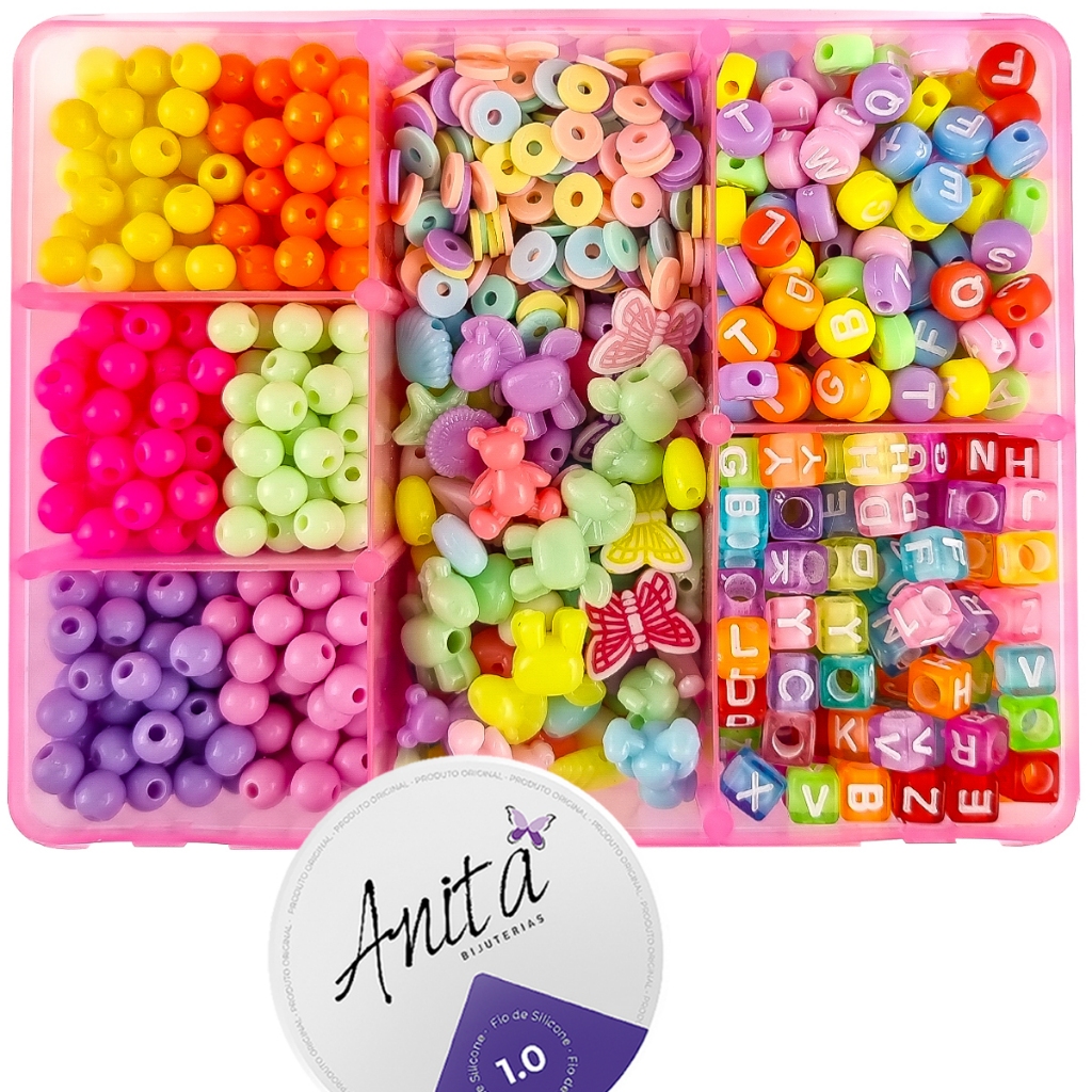 Kit Missangas Maleta Perolas Coloridas Letra Pulseiras Fofas