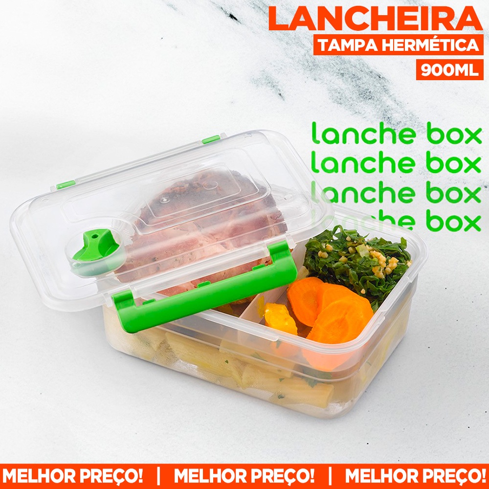 Lancheira 900ml Marmiteira Lanche Box Pote Tampa Trava Hermético Armazena Alimento Plástico BPA FREE