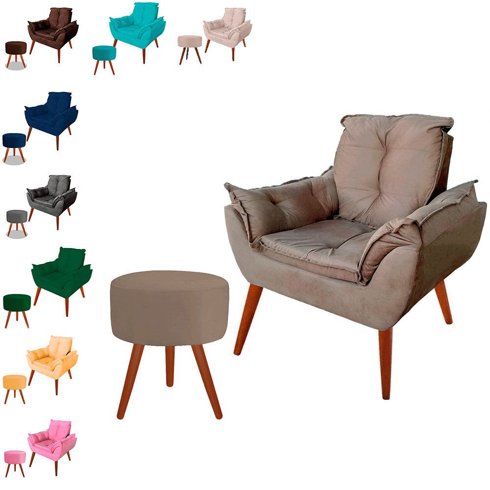 Poltrona Opala Decorativa Pés Palito Suede Capuccino + Puf Capuccino