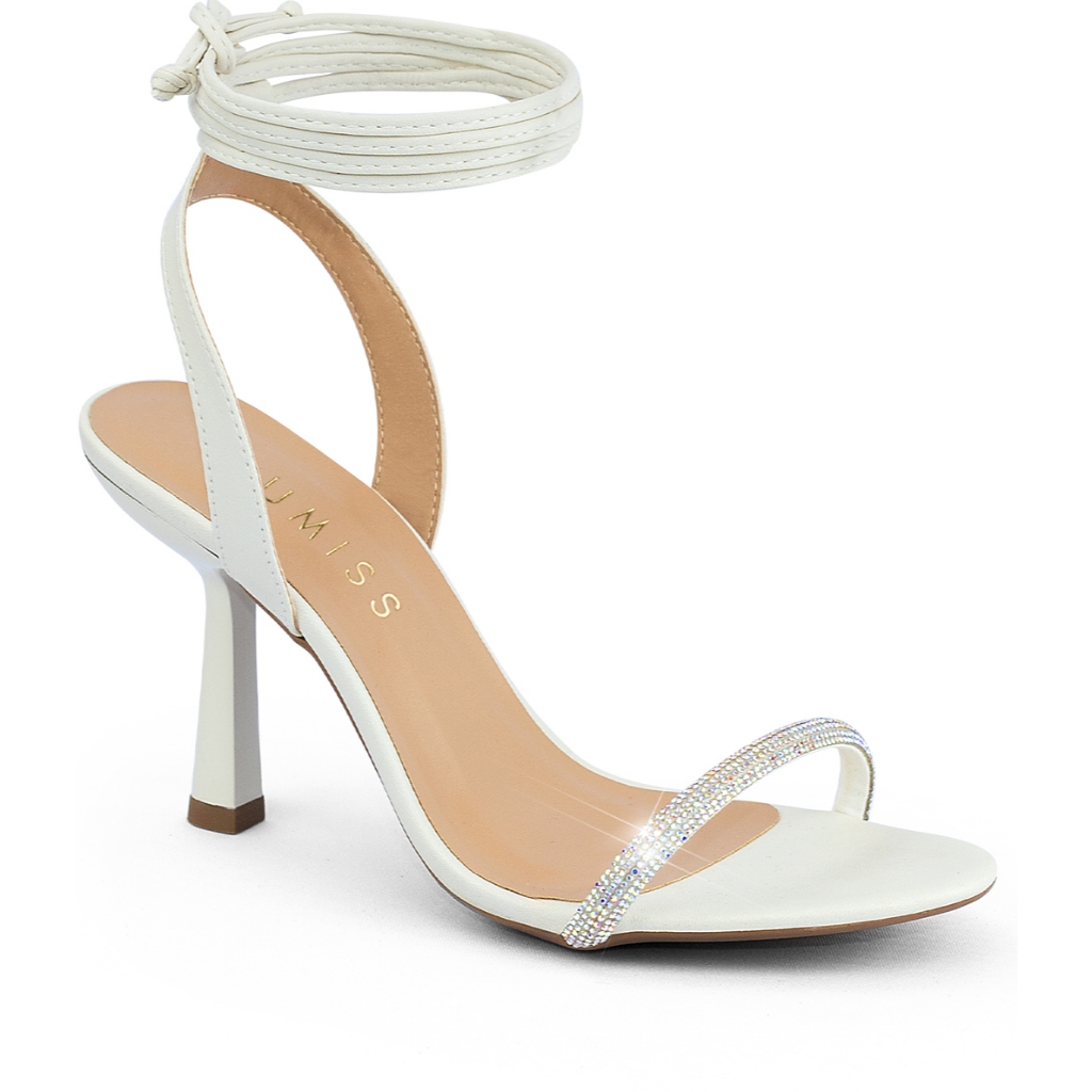 Sandália Feminina Lumiss Salto Fino Alto Amarração Strass Brilho Cristal Confortável Moda de Amarrar Tiras Comfort