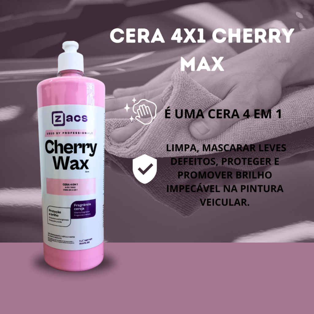 Detalhes do Kit Cera Cherry Wax 4x1 1L + Aplicador Pano Microfibras Zacs