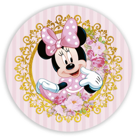 Painel Festa Infantil Redondo Minnie Circulo Dourado, Detalhes Floral + Arco, Suporte incluso. Fazemos personalizado com qualquer tema. Confeccionado em Lona fosca, impressão de alta resolução. cenário Circular p/ Decoração