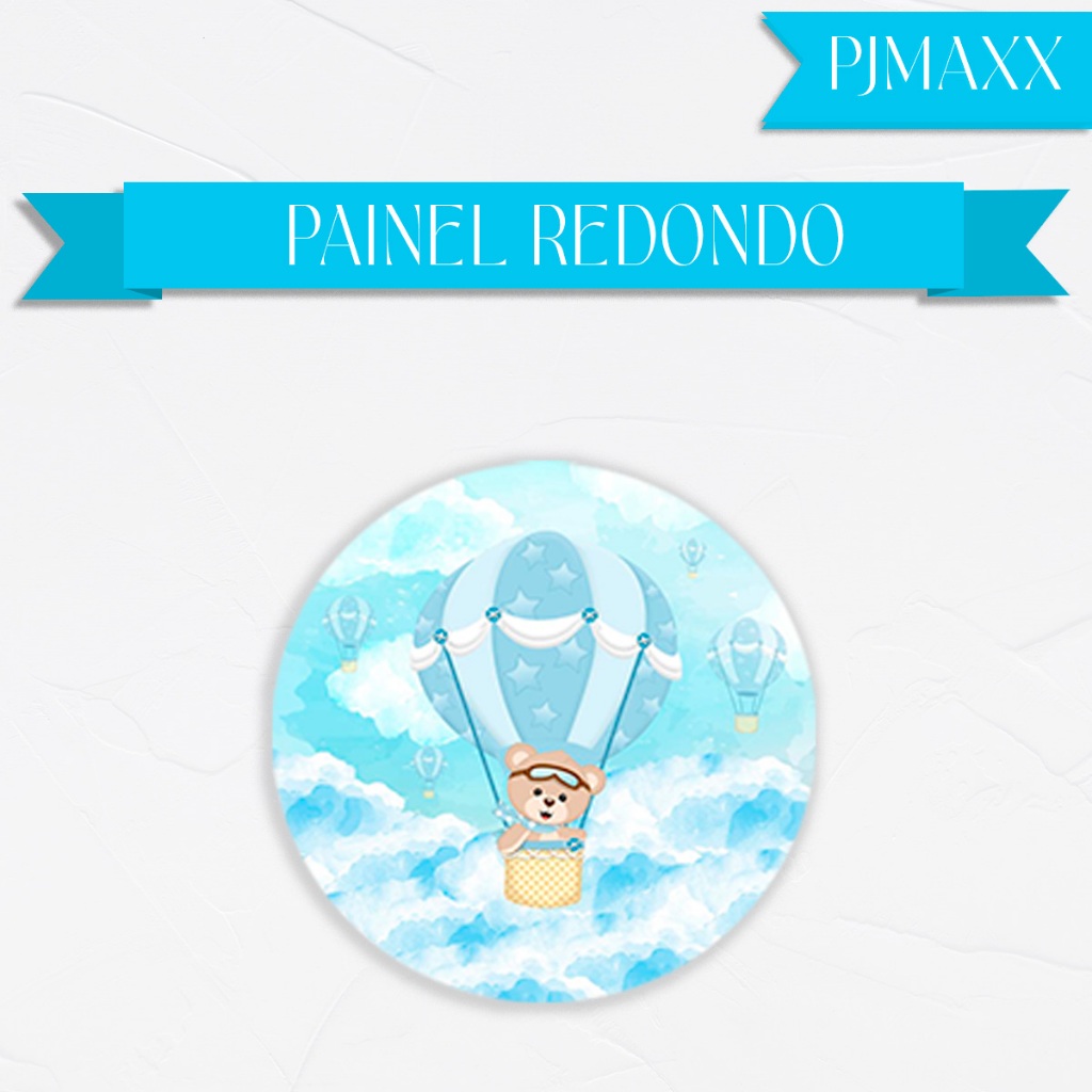 Capa Para Painel Redondo Tema Ursinho Baloeiro Azul Menino Decoração Bebe Malha Helanca