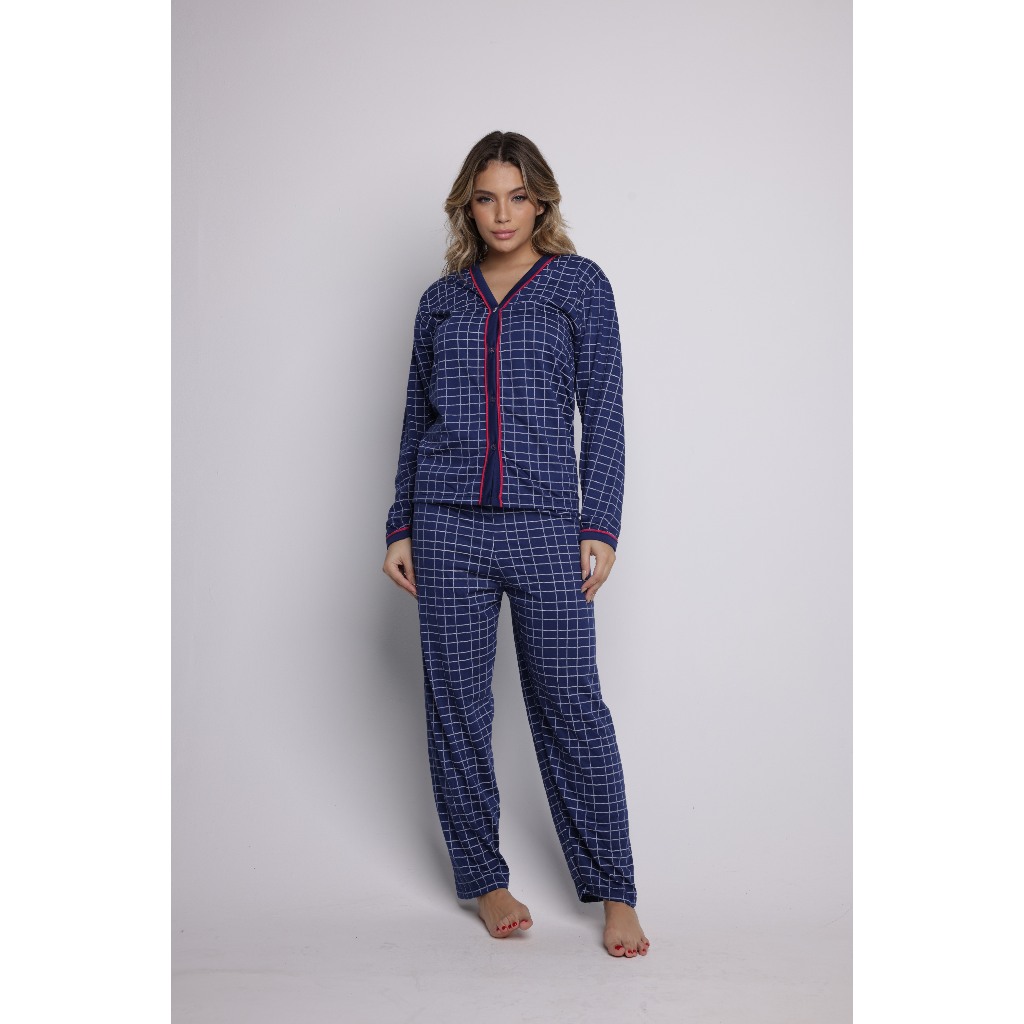 Pijama Americano Blogueira Longo Malha Calça e Blusa Manga Longa Botão Gestante Amamentação Inverno