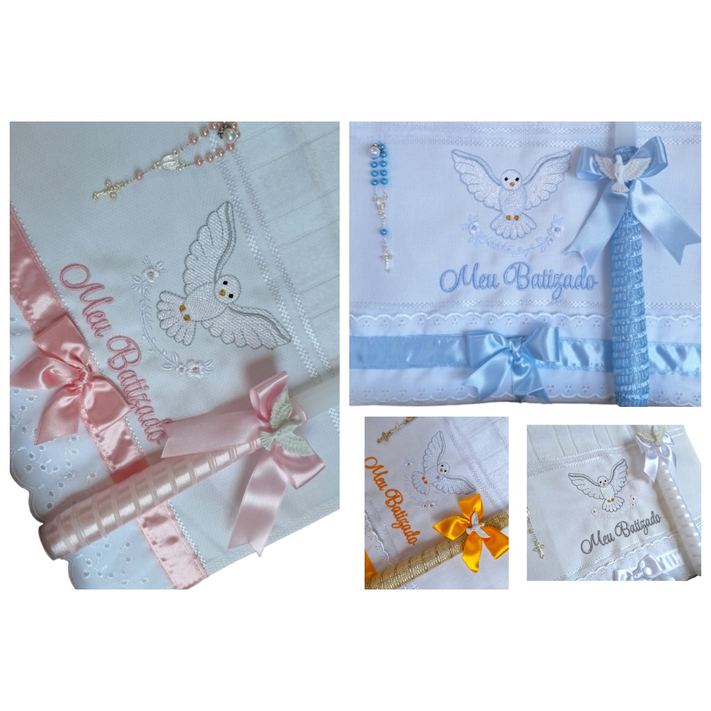 Kit Toalha Bordada Divino Espírito Santo Meu Batizado Vela e Mini Terço Luxo