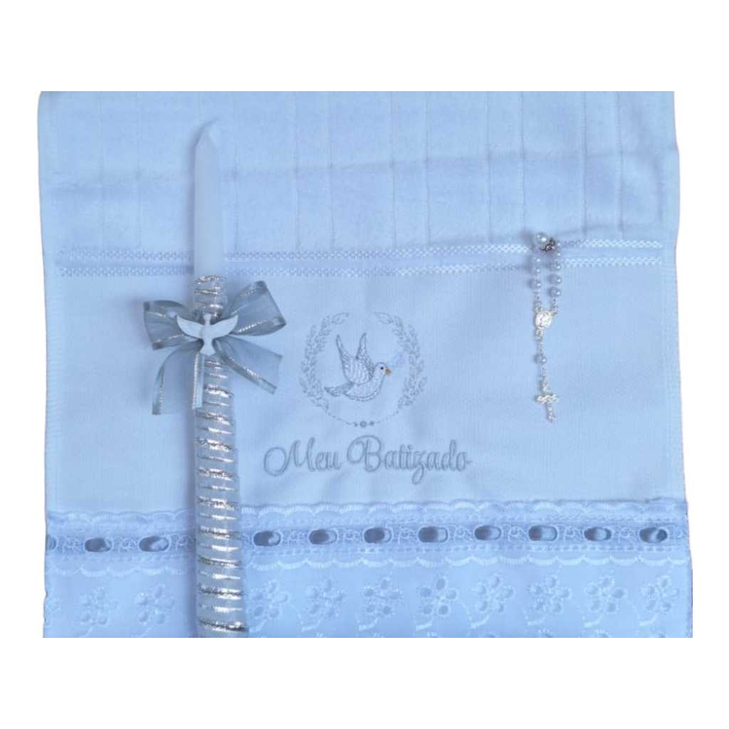Kit Toalha de Lavabo Bordada Meu Batizado Batismo Ramo Divino Espirito Santo Com Vela Decorada e Mini Terço Prata