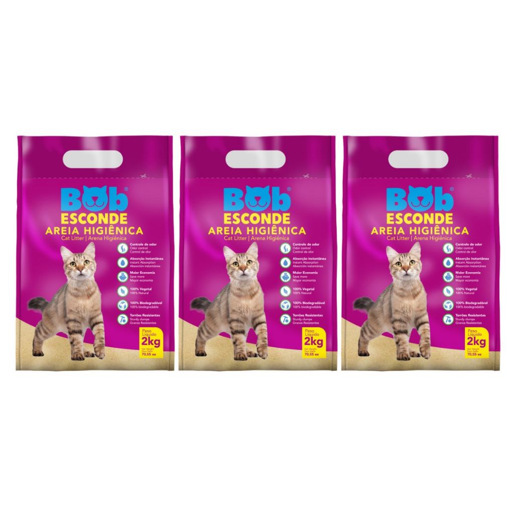 Kit 3 Unidades Areia Higiênica para Gatos Bob Esconde com Extrato de Mandioca Biodegradável 2Kg em Oferta na Shopee