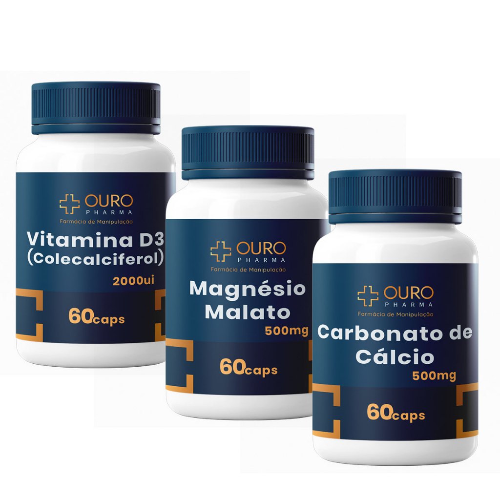 Kit Ossos Carbonato de Cálcio 500mg Vitamina D3 2000ui Magnésio Malato 500mg (60 CÁPSULAS CADA POTE)