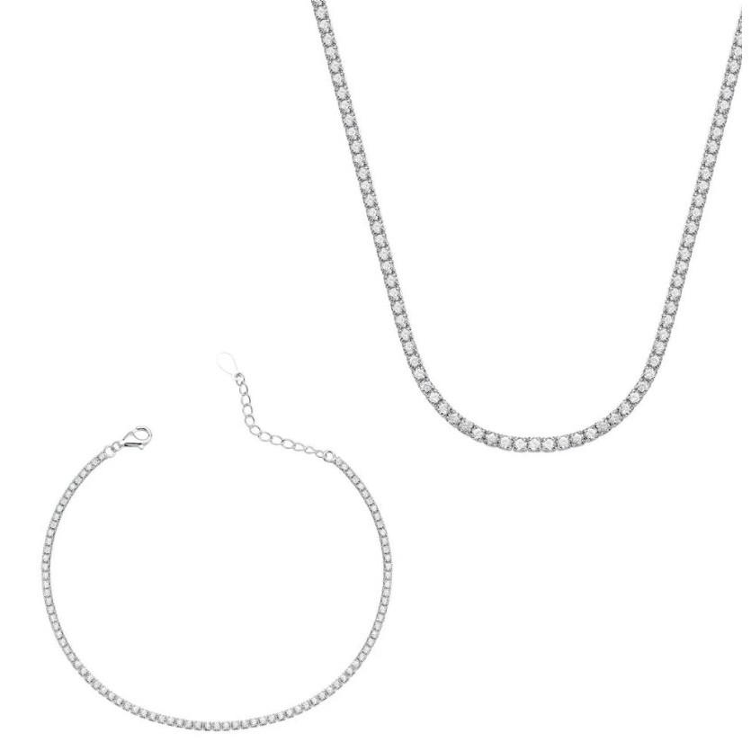 Conjunto Corrente e Pulseira Feminina de Prata 925 Riviera 2mm