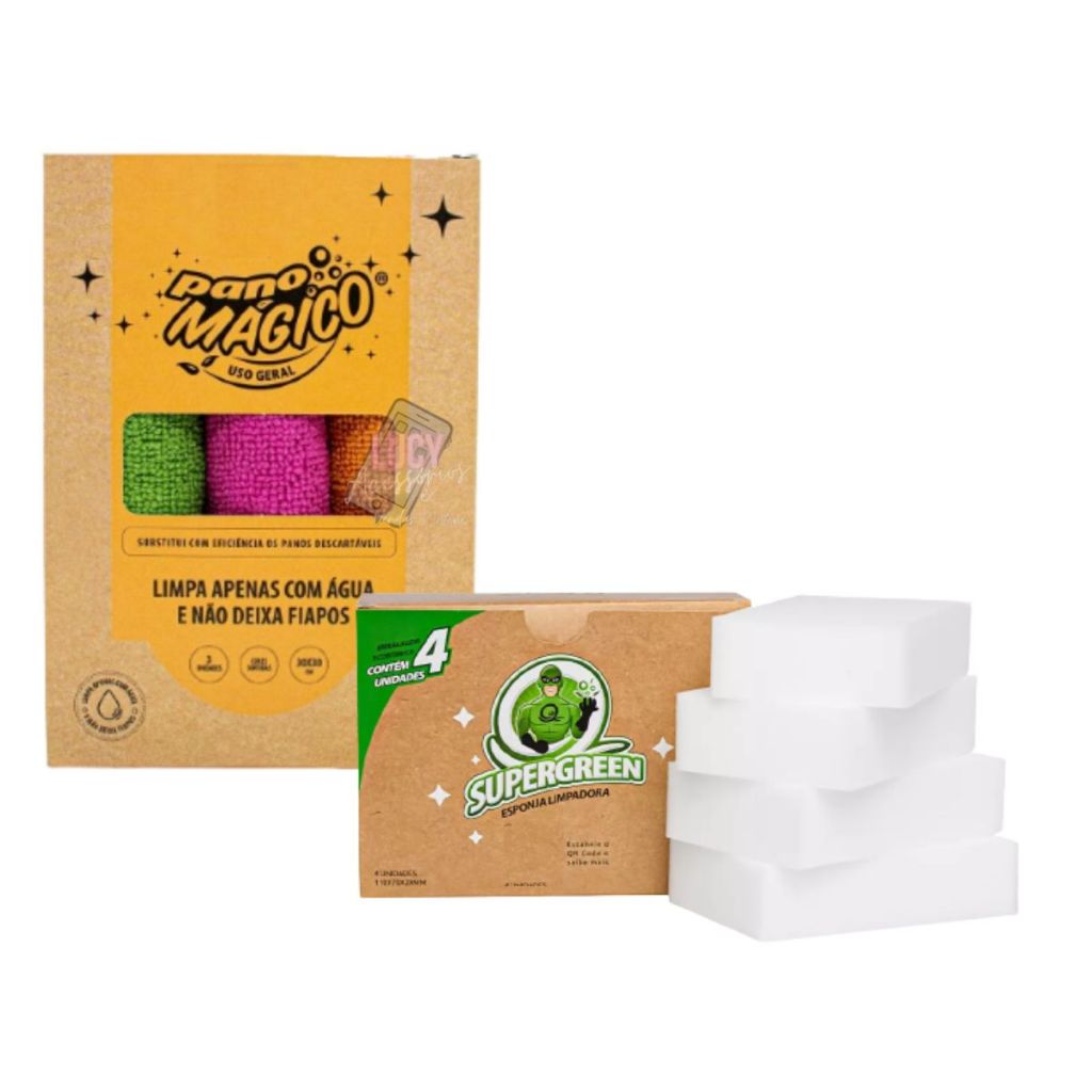Kit 3 Pano Mágico Flanela Microfibra Uso Geral Ecomais 4 Supergreen Esponja Limpadora Melanina