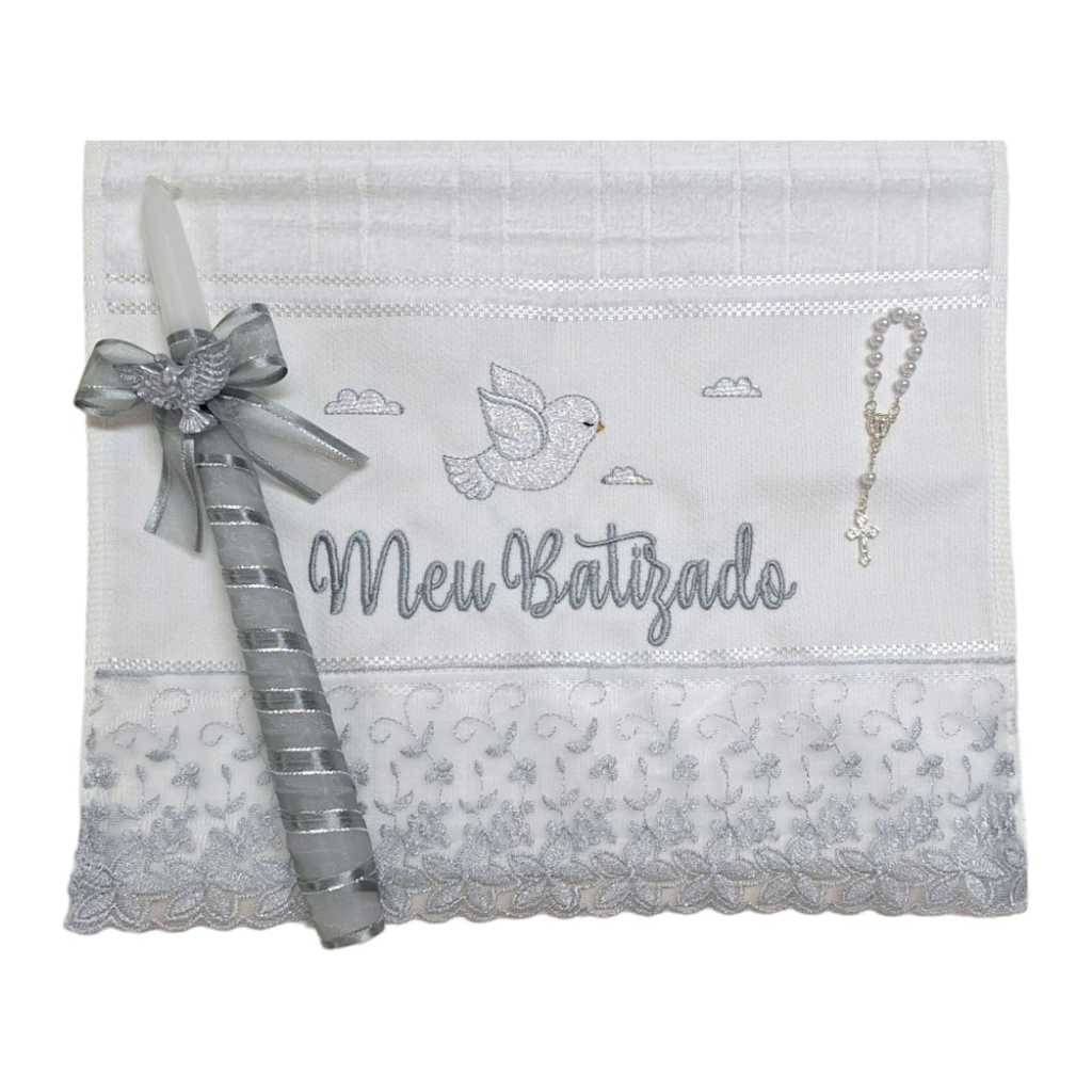 Kit Toalha Bordada Luxo Meu Batizado Com Vela e Mini Terço Decorado Renda Prata com Glitter