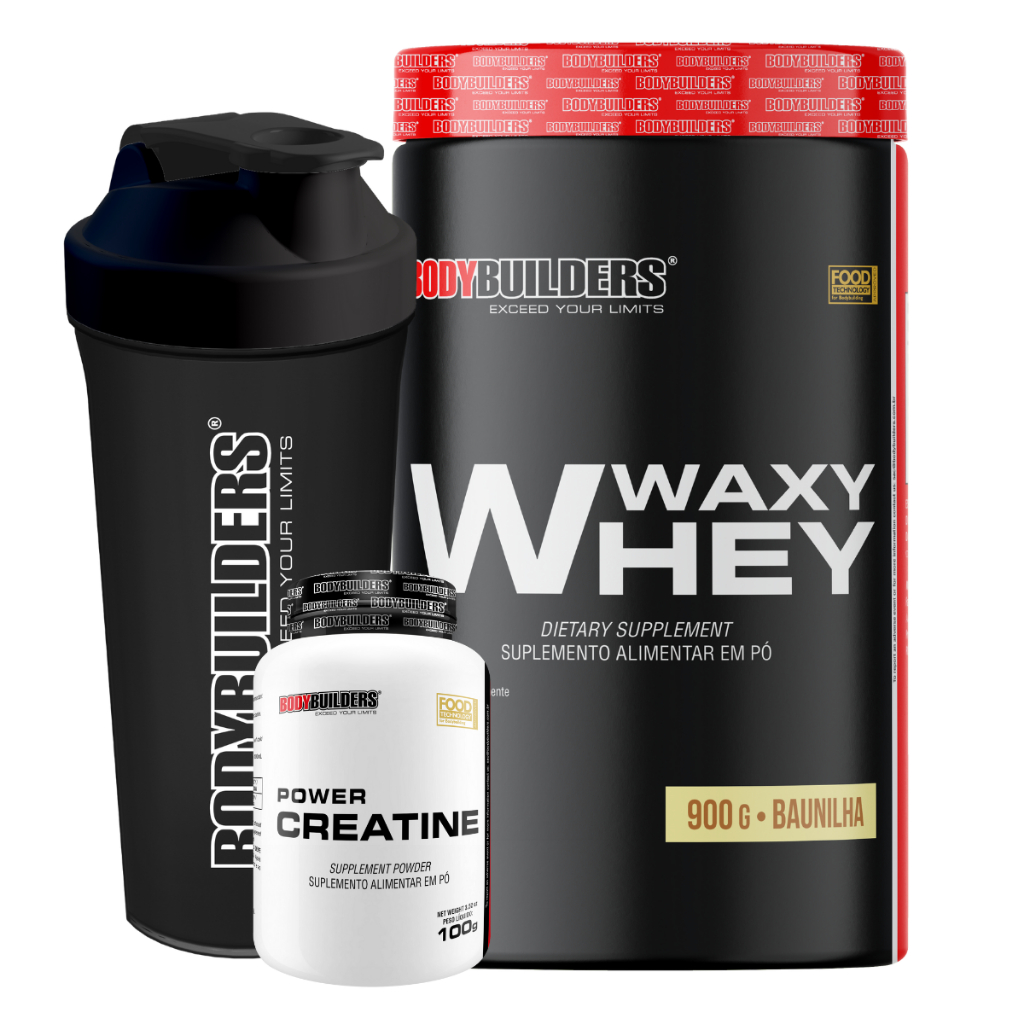 Kit Whey Protein Waxy Whey 900g + Creatina Power 100g + Coqueteleira - Aumento de Massa Bodybuilders