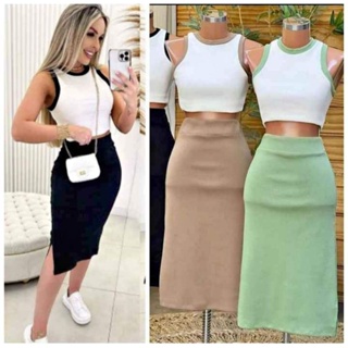 Conjunto Midi Anarruga Cropedd e Saia com Fenda lateral Bicolor em Oferta na Shopee