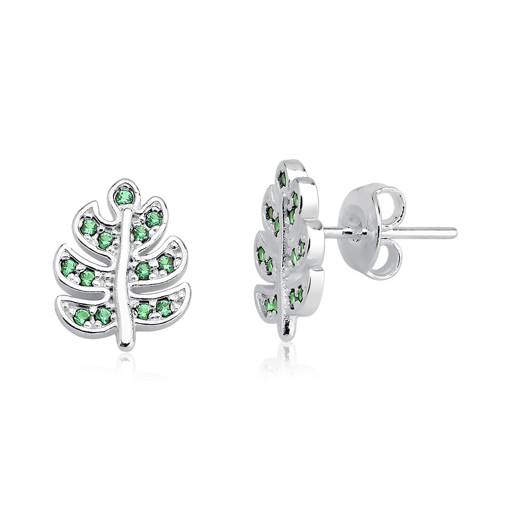 Brinco Feminino de Prata 925 Folha com Zircônias Verde