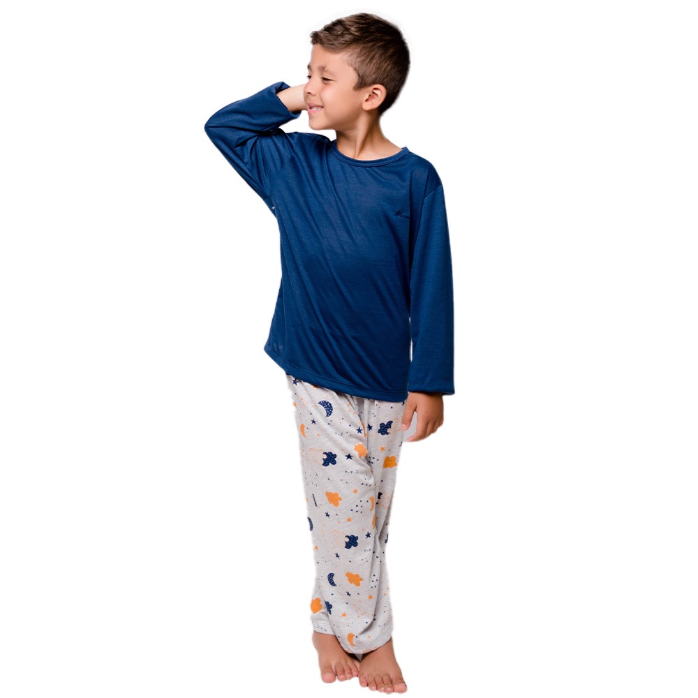 Pijama Menino Infantil Diones Camiseta Manga Longa Lisa e Calça Estampada Gola Redonda
