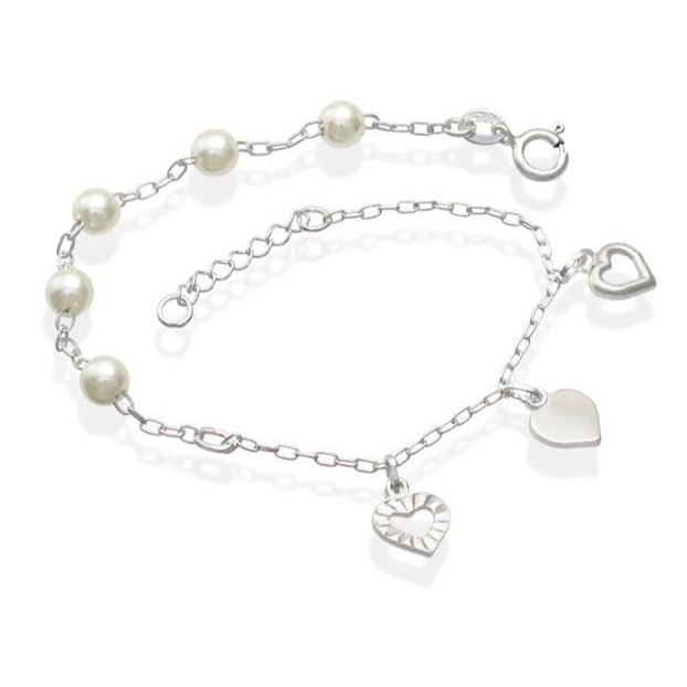 Pulseira Feminina de Prata 925 Pérolas e Corações pendente em Oferta na Shopee