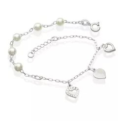 Pulseira Feminina de Prata 925 Pérolas e Corações pendente