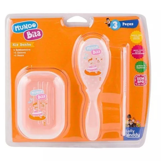 KIT BANHO BEBÊ MUNDO BITA ESCOVINHA SABONETEIRA PENTE BANHO NENEN FELIZ HIGIENE VIAGEM CRIANÇA