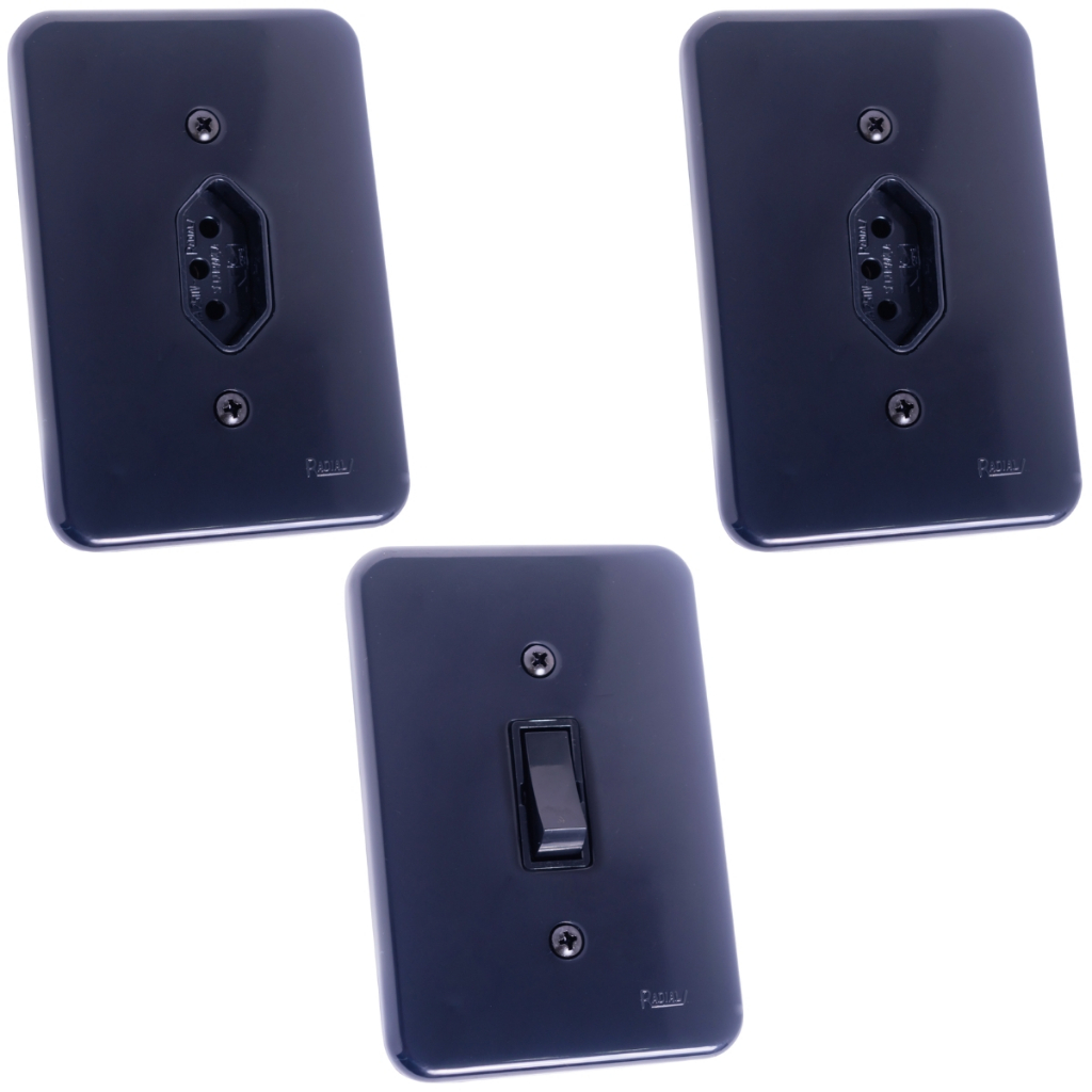 Kit 2 Tomada 2P+T 10a + 1 Interruptor 1 Tecla Simples Linha Pollar Black Radial em Oferta na Shopee