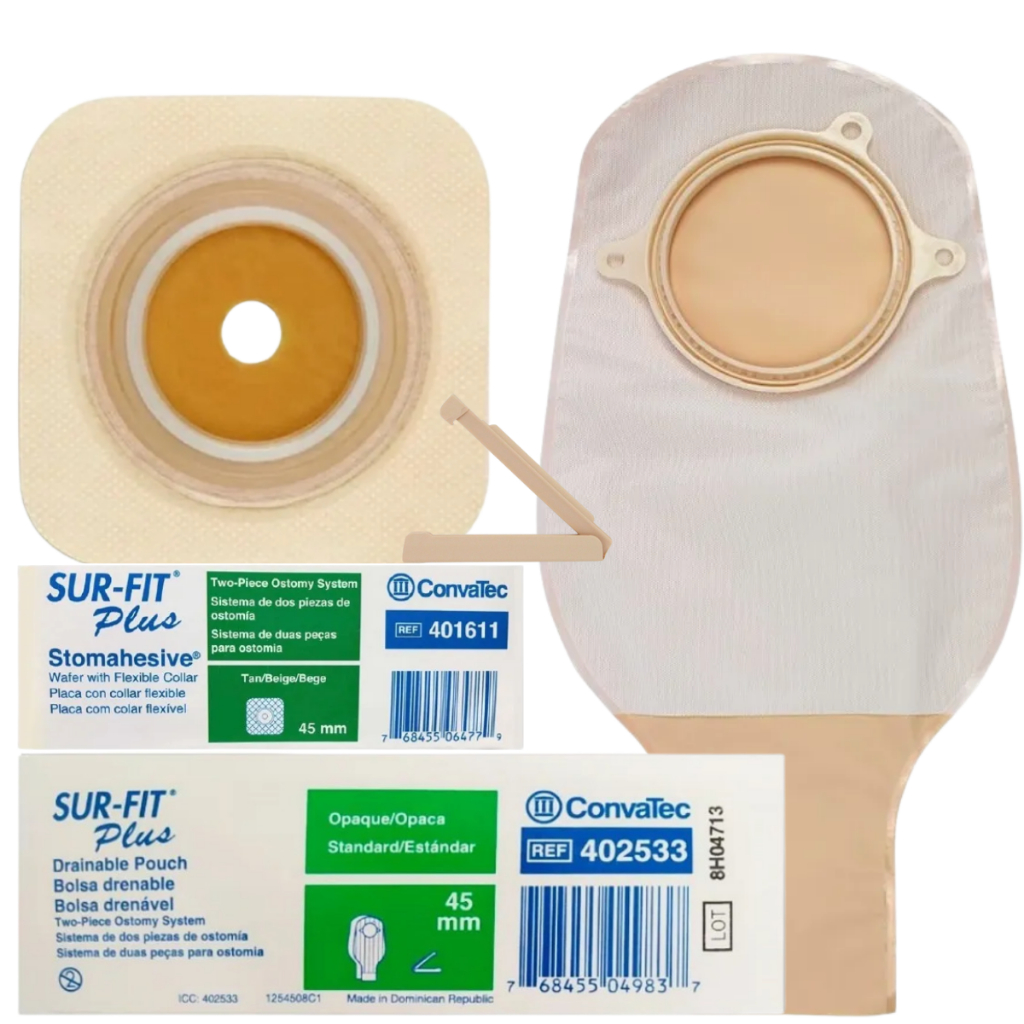 10 Bolsa de Colostomia Opaca 45mm + 05 Placa Adesiva Plana Micropore 45mm Convatec Surf Fit-Plus Sistema de 02 Peças