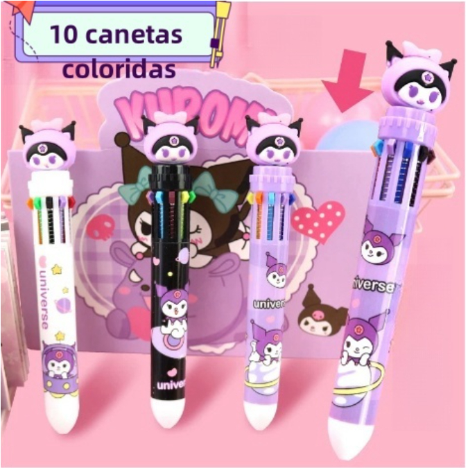 1 caneta 10 em 1 papelaria divertida 10 cores caneta kuromi esferográfica multicolorida papelaria/escritório/escola ​