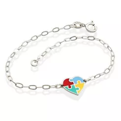 Pulseira Autismo de Prata 925 Coração Quebra-Cabeça Colorido