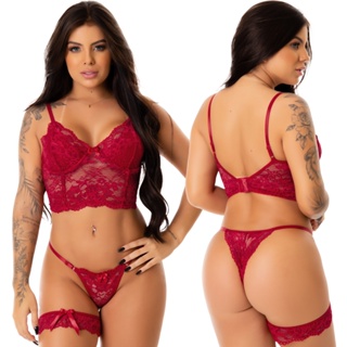 Conjunto Lingerie Renda Sutiã Cropped Sem Bojo Com Forro Calcinha com Regulagem String Perneira Persex Rebeca em Oferta na Shopee