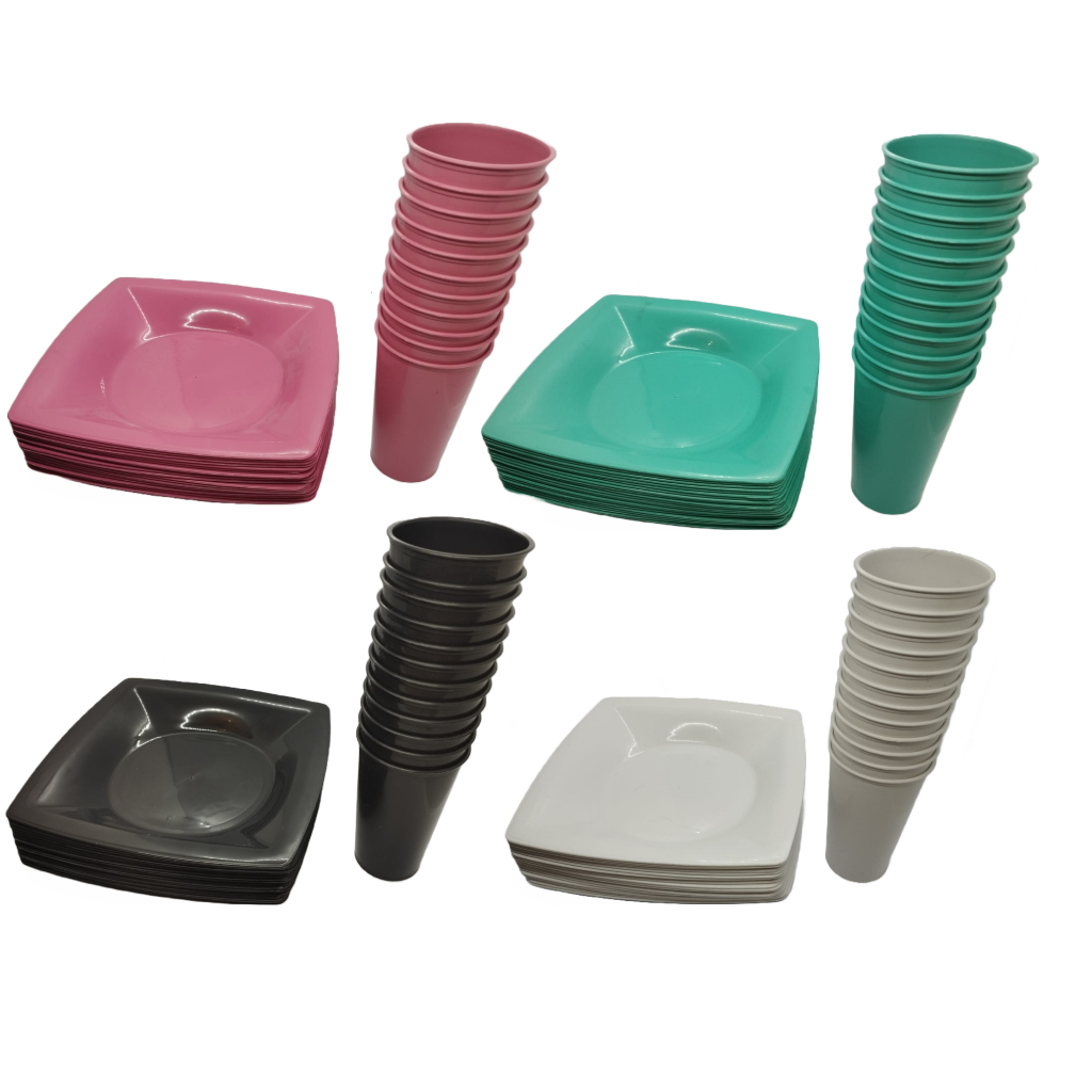 Kit  Pratos Quadrados +  Copos 300ml Reutilizável - Lanche, Refeições em Oferta na Shopee