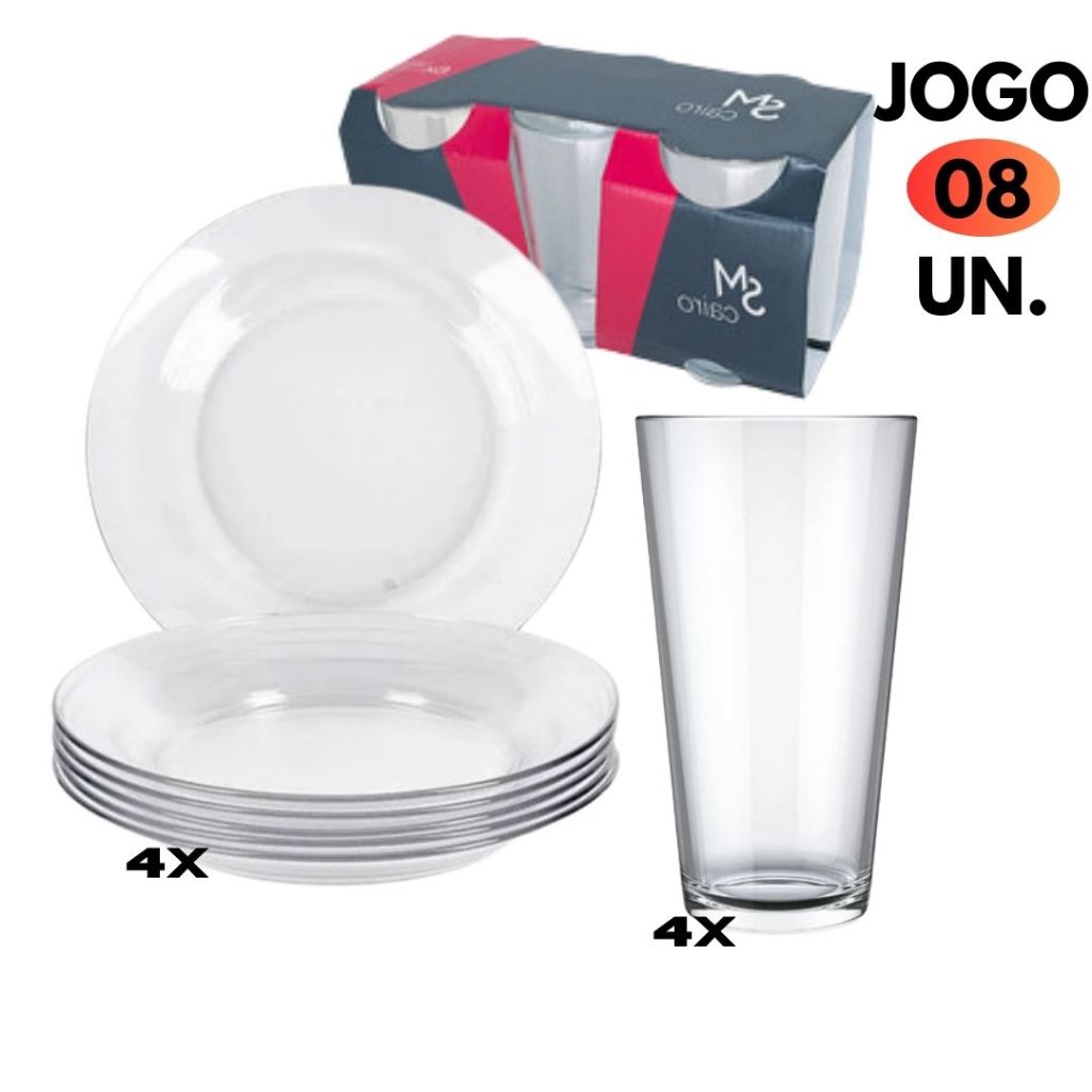 Kit Jogo Jantar 08UN. Vidro Temperado C/ 04 Prato Fundo Duralex Astral+ 04 Copo 350ML Cairo Conjunto Mesa Posta Natal