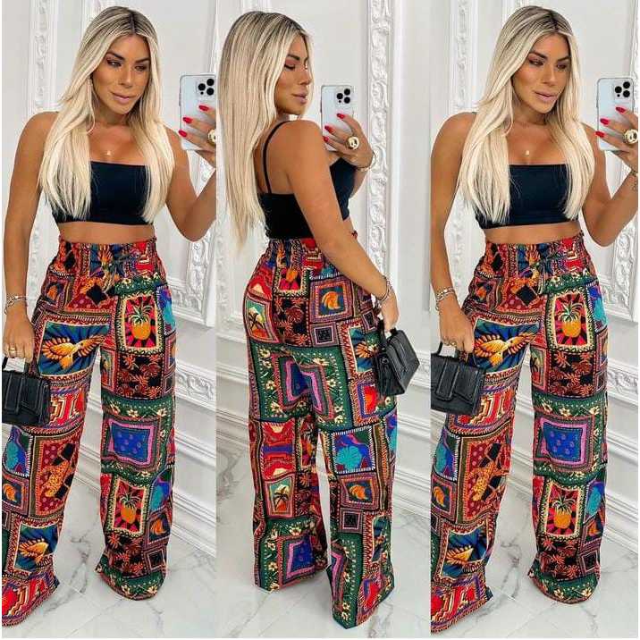 Calça Pantalona Cintura Alta com elástico grosso na cintura