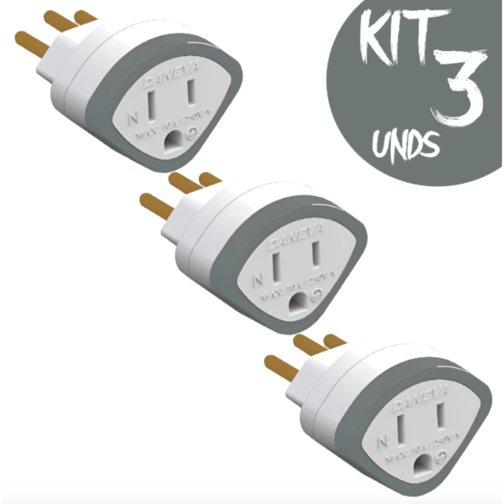 Kit 3 Adaptador De Tomada 3 Entradas 10A Pino Antigo Chato Americana Pino Redondo Brasil Europa