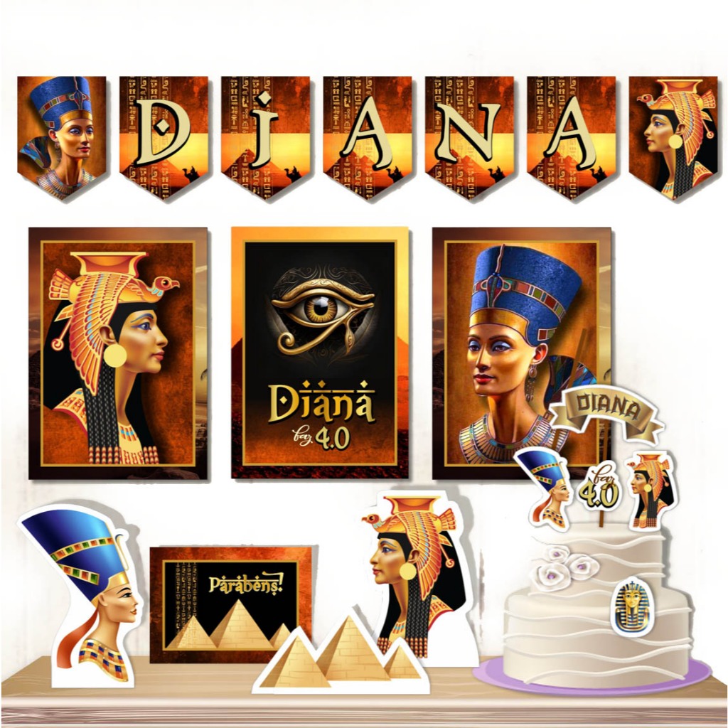 Kit Decoração Festa Pronta Só um Bolinho Aniversário Cleópatra Nefertiti Rainhas do Egito