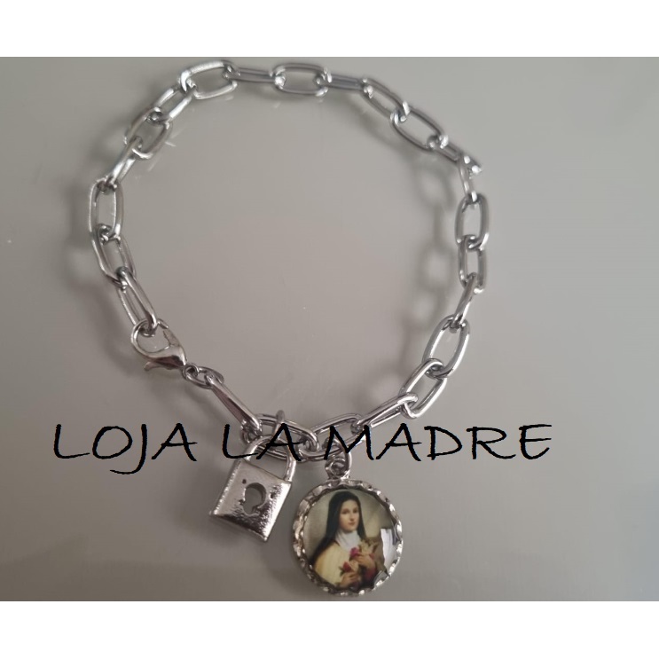 Pulseira Cadeia de Consagração em inox com medalha de Santa Terezinha