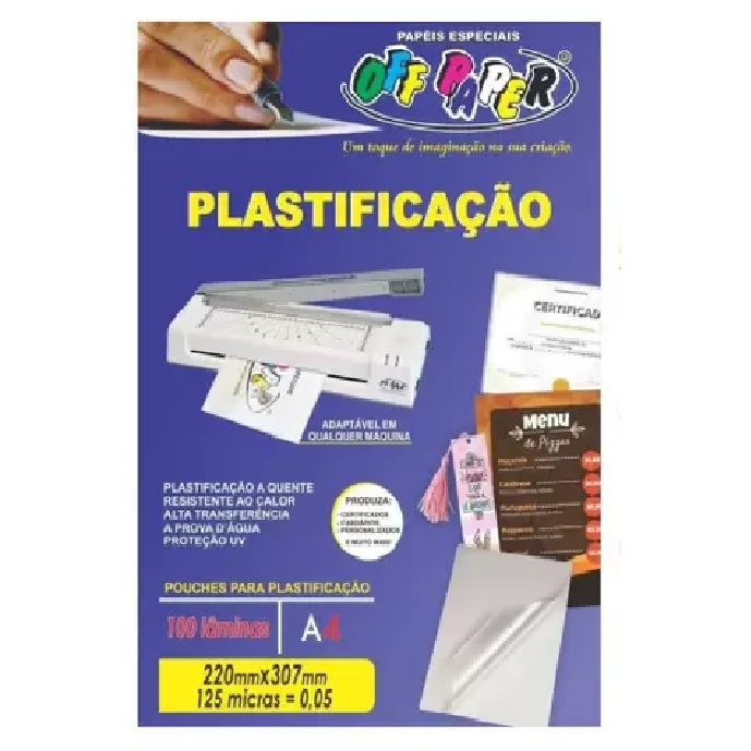 Plastico para Plastificação A4 220x307mm 125 Micras 0,05 Pouch Film com 100 Laminas - Off Paper